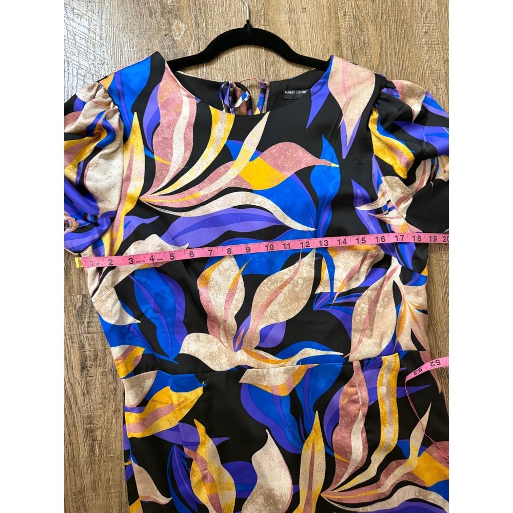 Maggy London Blue Purple Botanical Leaf Print Ruffle Hem Midi Dress Size 14 - Picture 10 of 12